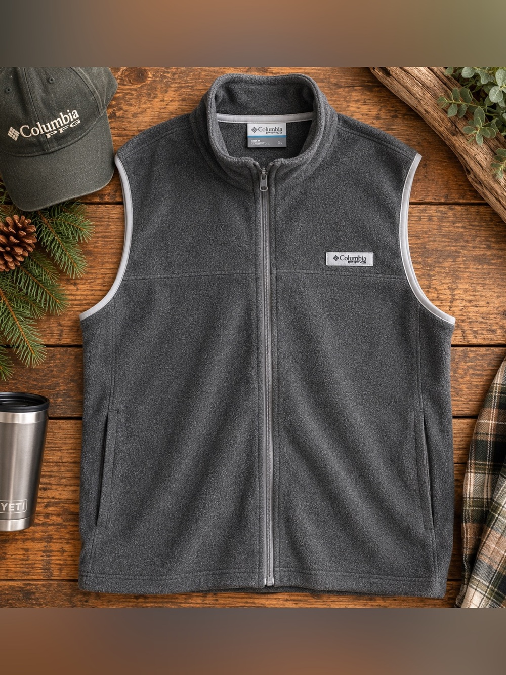 Columbia PFG Fleece Vest XL Gray Full Zip Outdoor Fishing